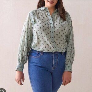 Reitmans Light Sage Green Small Paisley Patterned Button Up Long Sleeve Shirt 2X